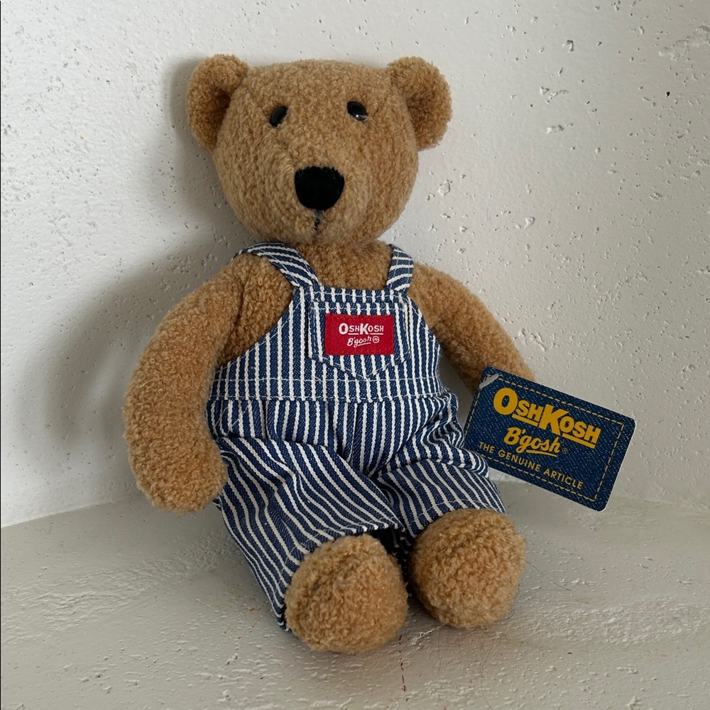Vintage OshKosh B'gosh Bear in Blue Striped Overalls. Like new with tags on.